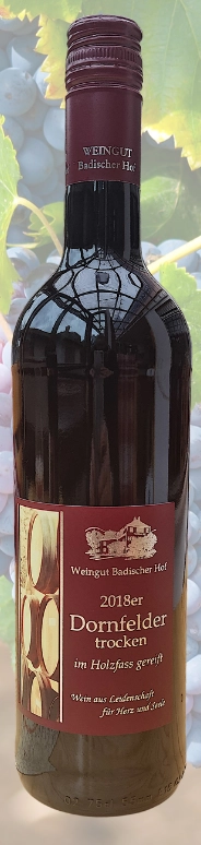 2018er Dornfelder Rotwein trocken im Holzfass gereift Deutscher  Qualitätswein. 0.75l Weingut Badischer Hof