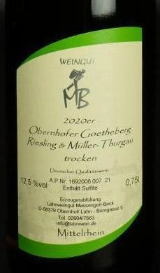2020er Obernhofer Goetheberg Riesling&Müller-Thurgau Qualitätswein trocken 0.75l