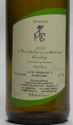 2020er Obernhofer Goetheberg Riesling Qualitätswein trocken 0.75l Deutscher Qualitätswein