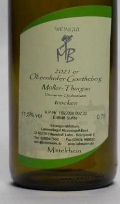 2021er Obernhofer Goetheberg Müller-Thurgau Qualitätswein trocken 0.75l